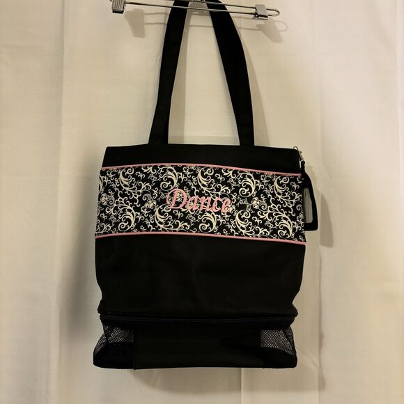 Girl's Dance Bag Black Pink Trim Shoe Compartment Nylon - Picture 3 of 3